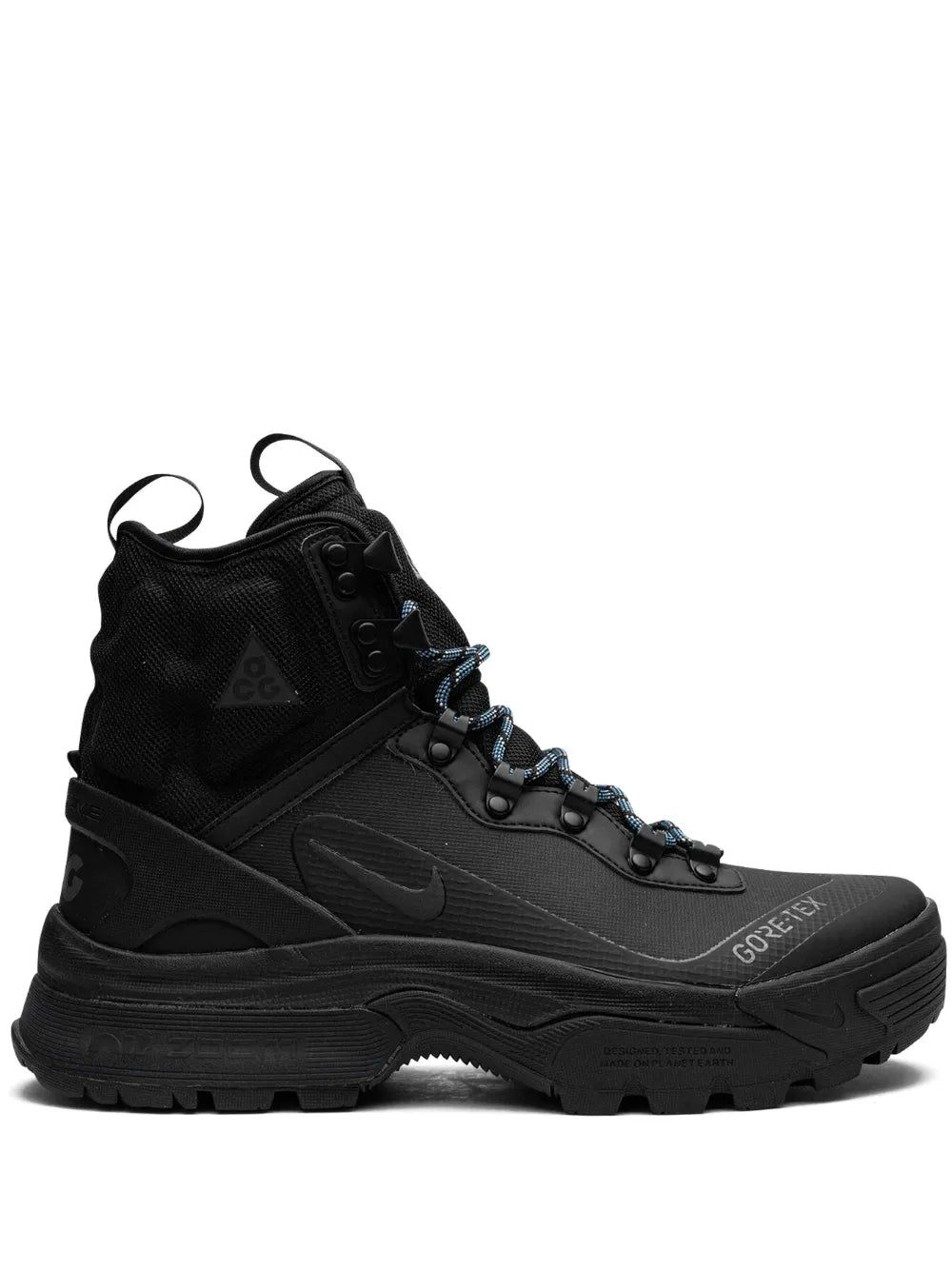 Black Nike ACG high-top sneakers with Swoosh, chunky tread, Gore-Tex branding