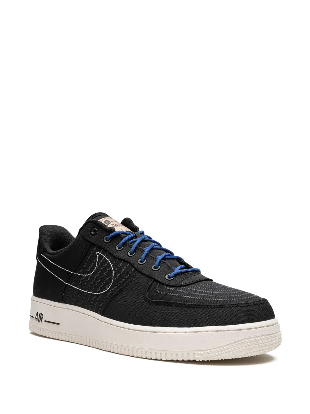Nike Air Force 1 Low black sneakers with blue laces and stitched swoosh