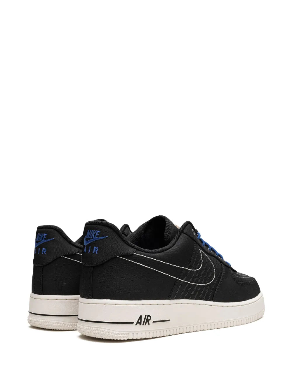 Black low-top sneakers with blue laces, heel tab, and white 'AIR' midsole