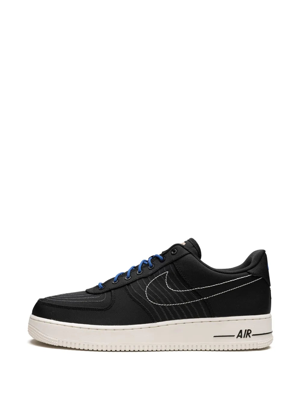 Nike Air Force 1 Low black sneakers with blue laces and Air logo side panel