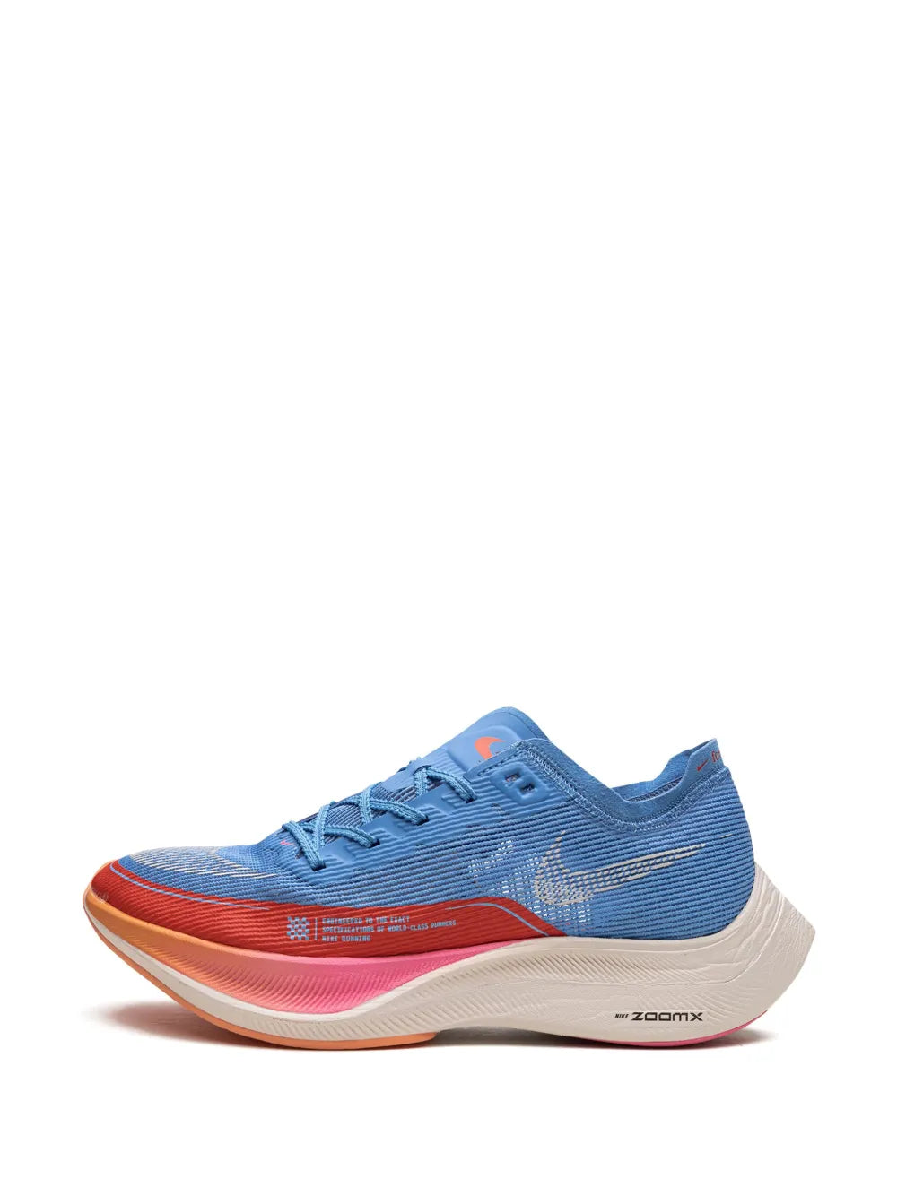 Blue Nike racing shoe with red accent stripe, pink outsole edge, white ZoomX midsole