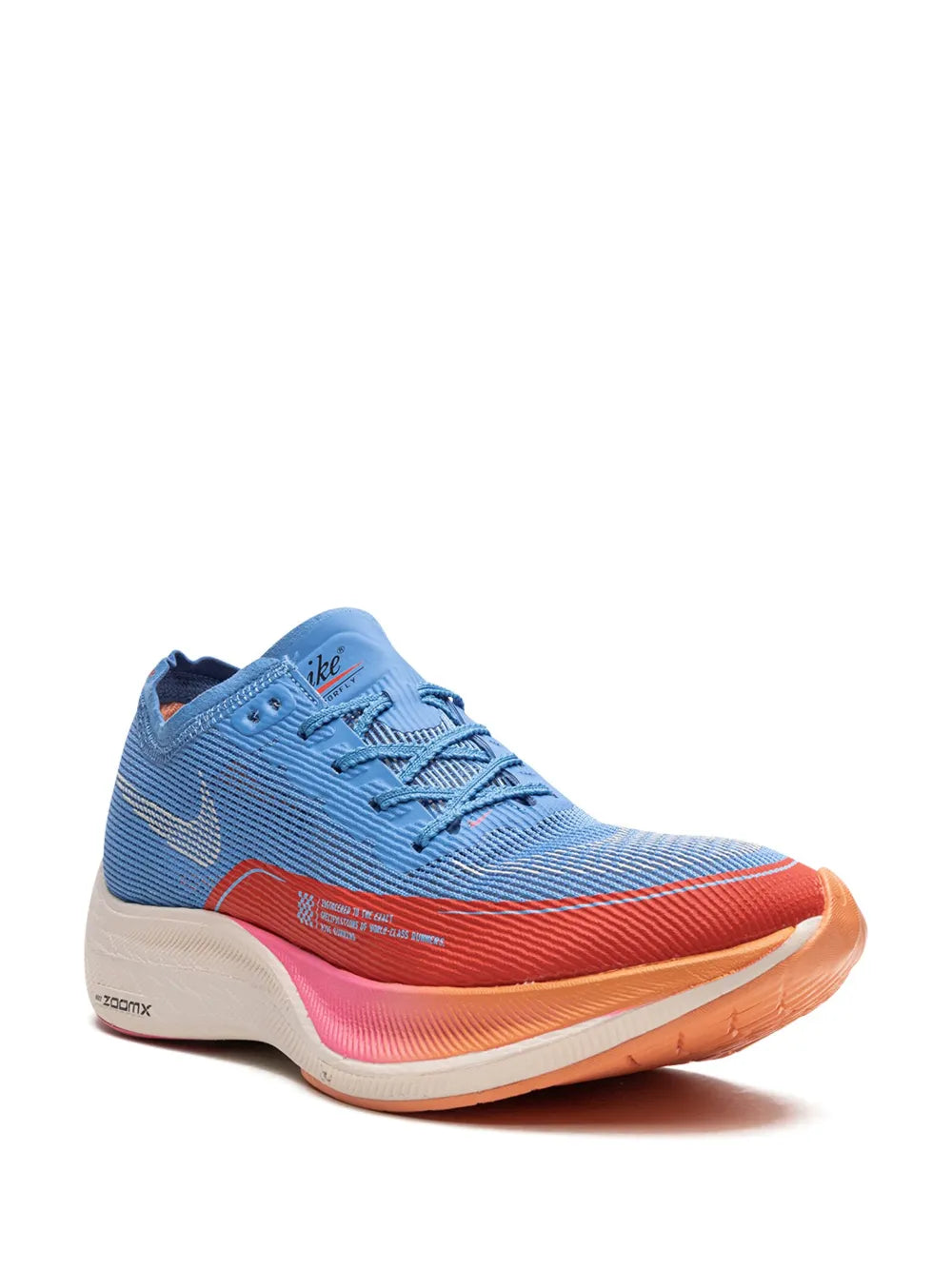 Blue racing running shoe with red forefoot stripe, orange outsole edge, white midsole