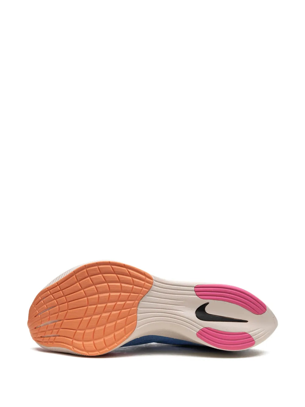 Shoe outsole view with orange rubber tread and pink heel pull stripe