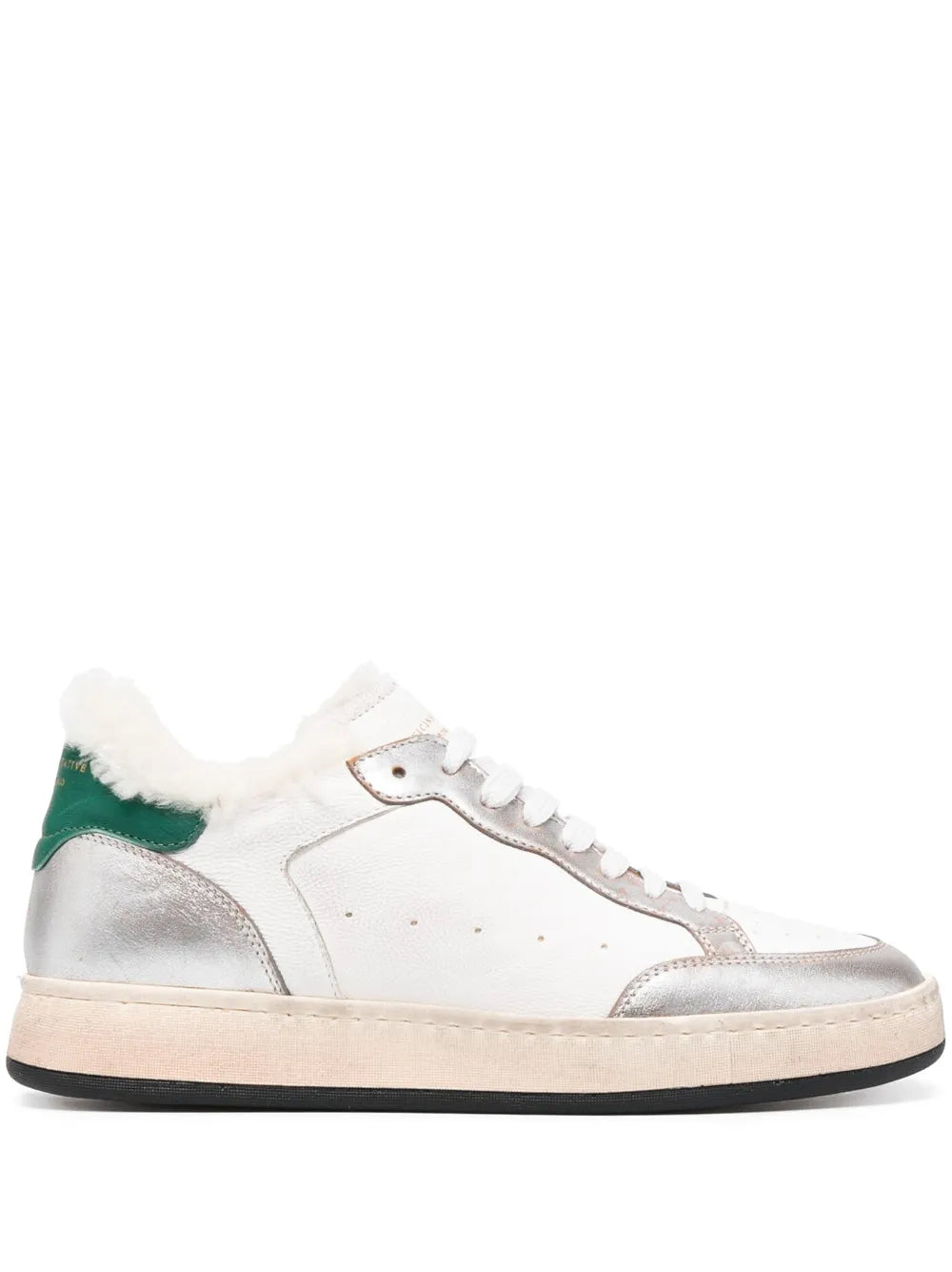White leather low-top sneaker with green side panel, silver toe, lace-up, fur trim