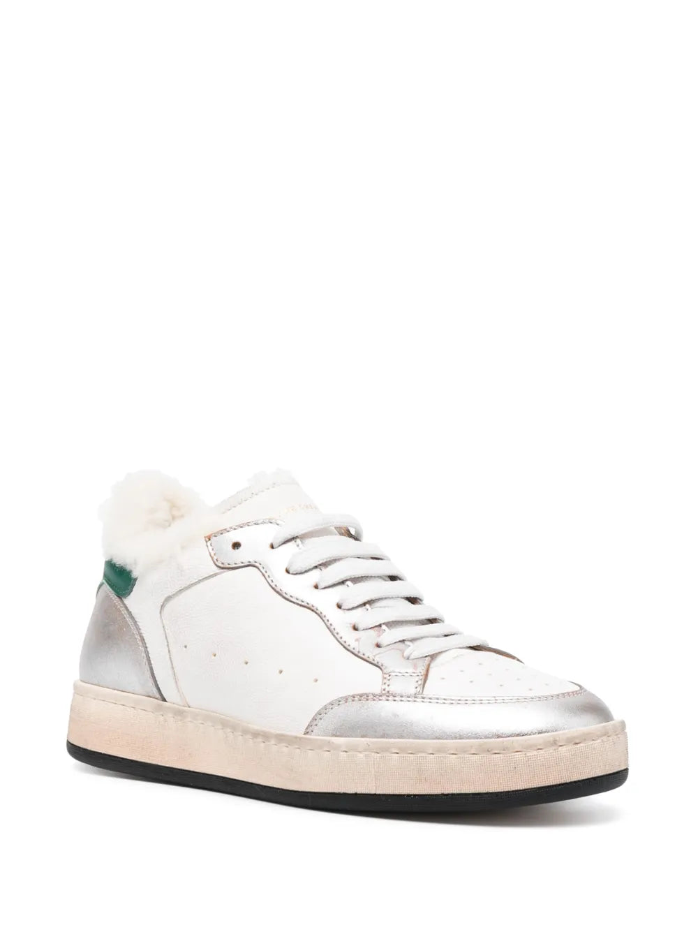 White leather lace-up sneaker with green side panel, silver accents, plush fur lining
