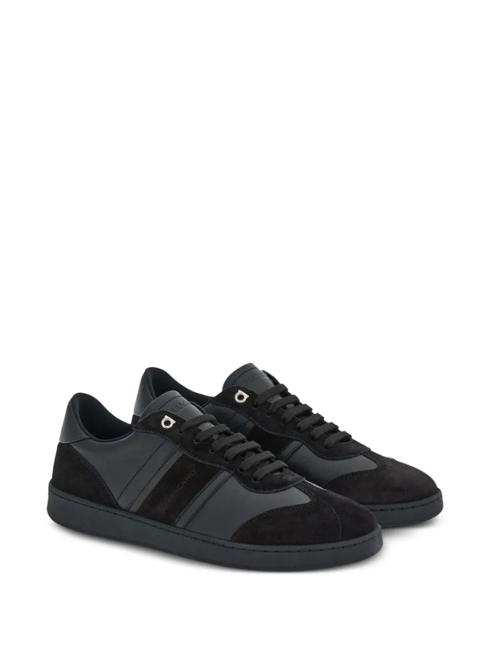 Ferragamo black low-top sneakers, lace-up with dark side panels and logo on tongue