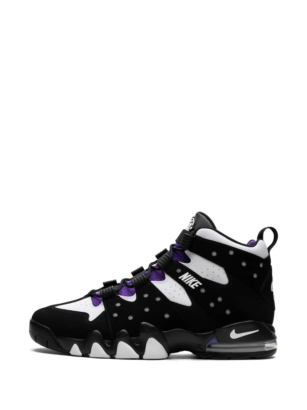 Black and white high-top Nike sneakers with purple lace accents and swoosh logo