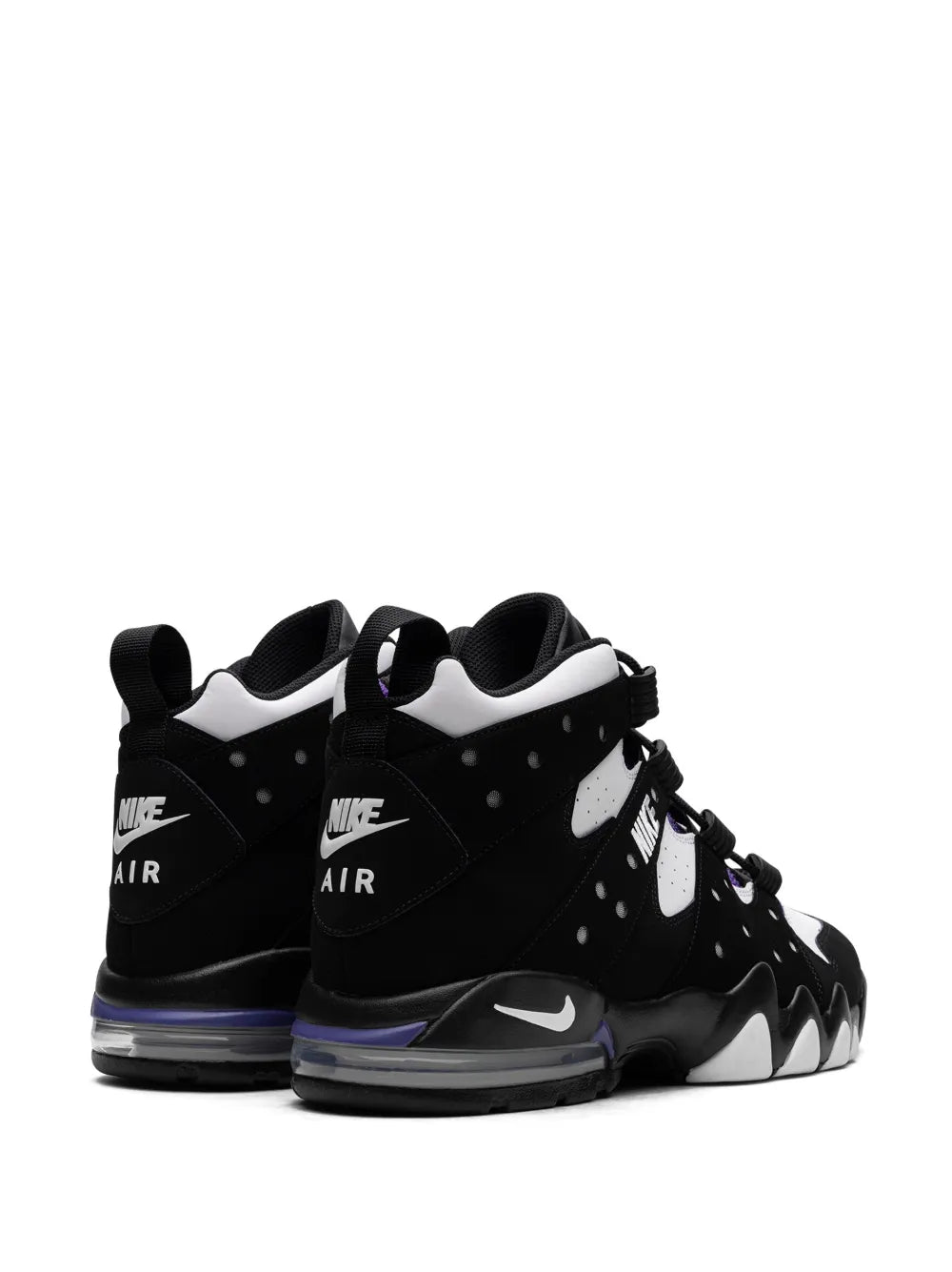 Black high-top Nike sneakers with white dots, Air heel text, and purple lace accents