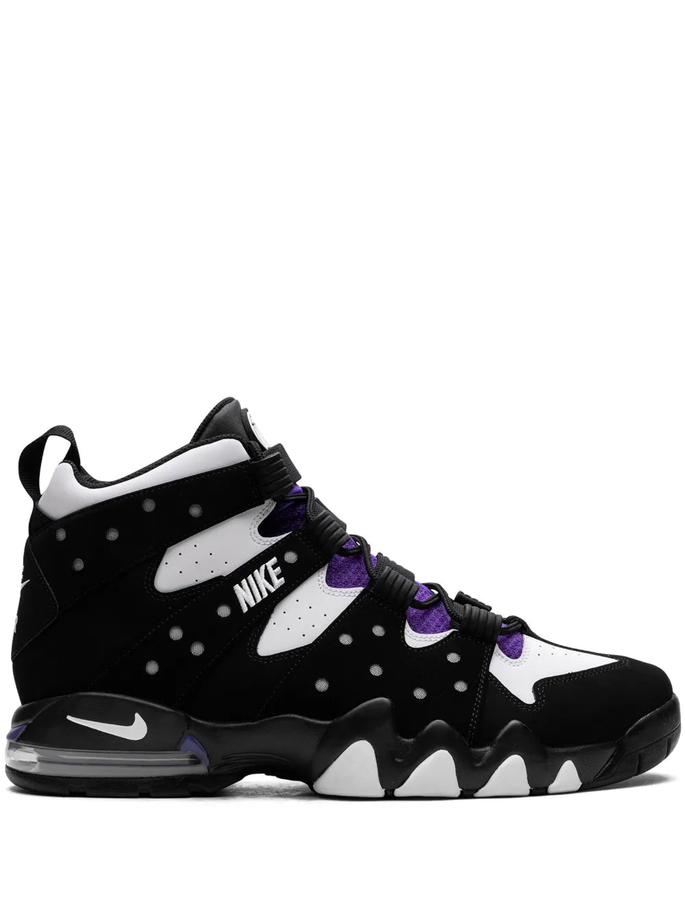 Black and white high-top Nike sneakers with purple laces and Air window sole
