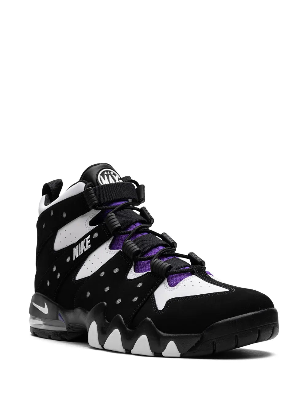 Black high-top Nike sneakers with white panels, purple laces, and Nike heel branding