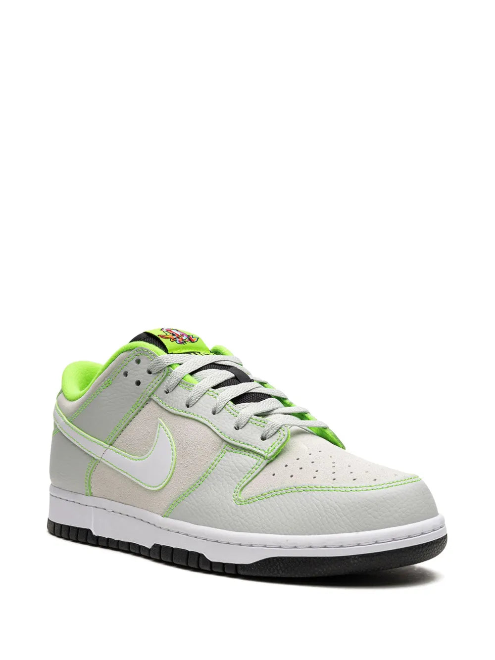 Nike Dunk Low sneaker lace-up front view, light gray canvas with neon green swoosh