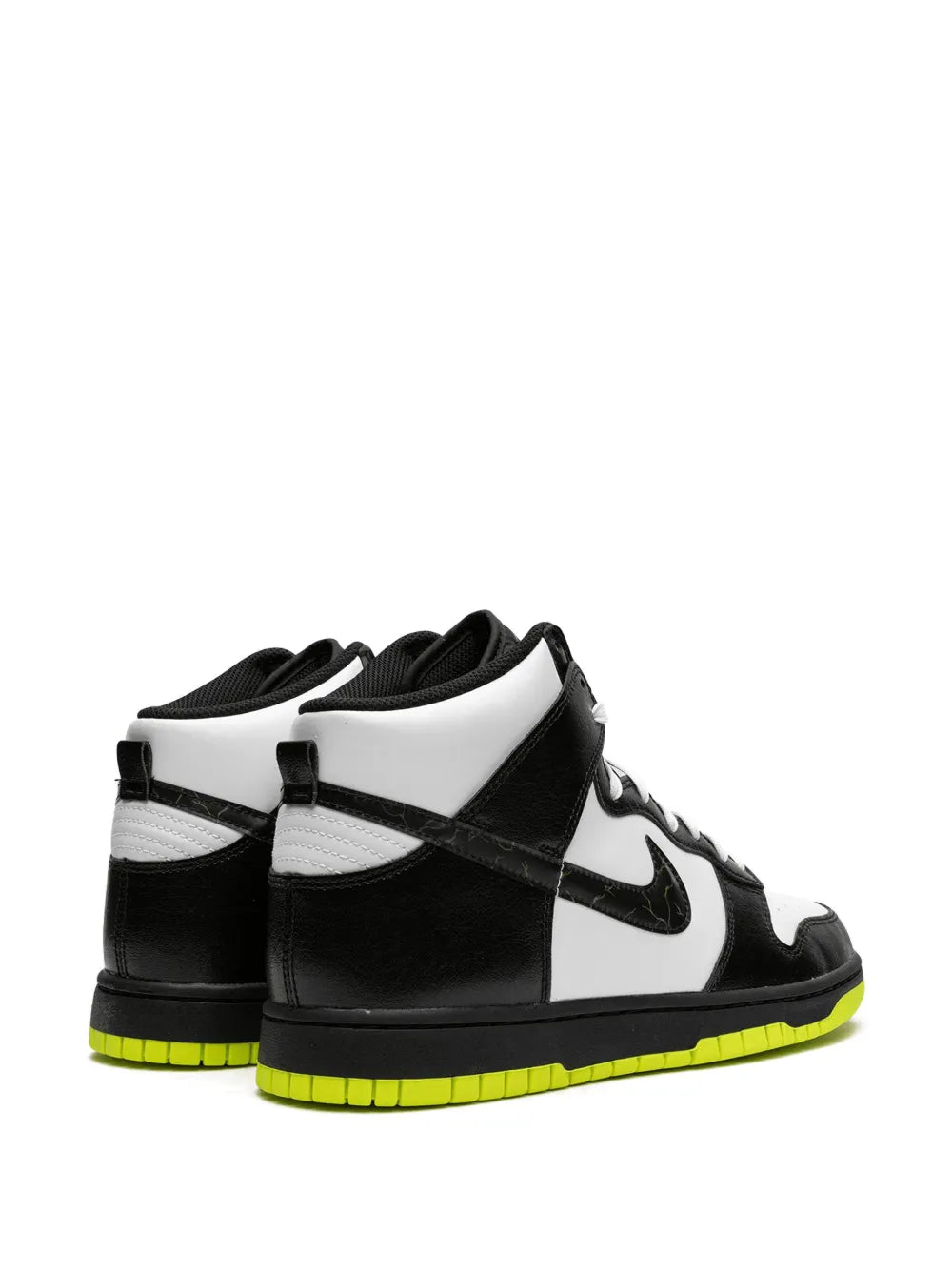 Black/white high-top sneakers with rear collar and Nike swoosh, neon green sole