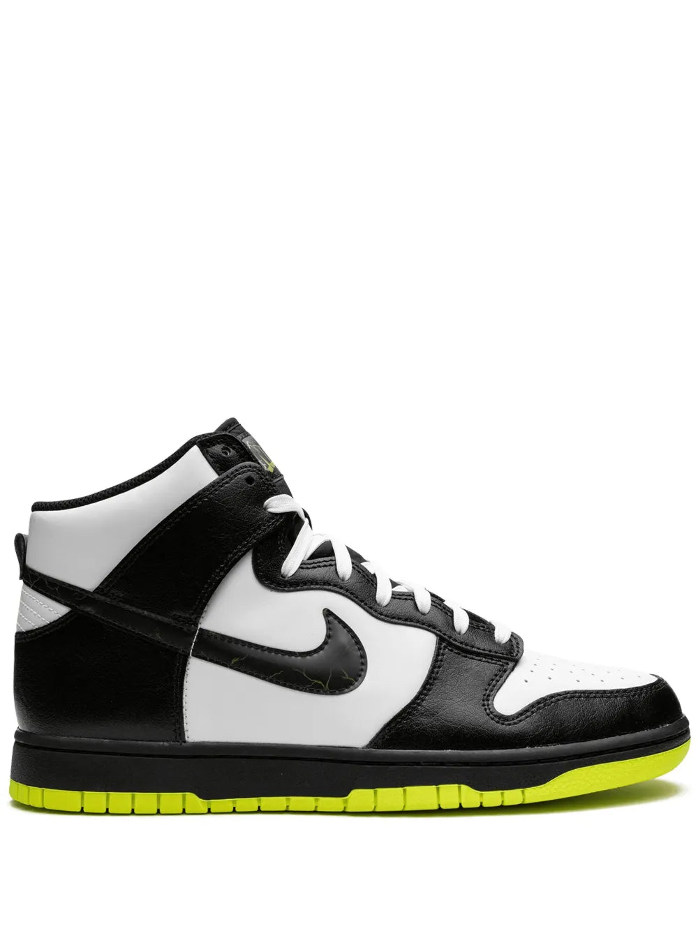 Black/white high-top sneakers, Nike swoosh, neon green rubber sole
