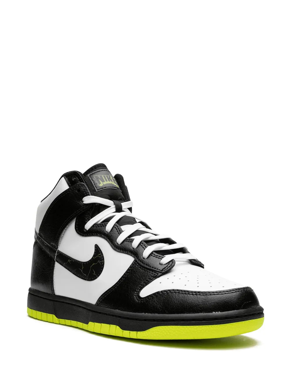 Black/white lace-up high-top sneakers, Nike swoosh, neon green rubber sole