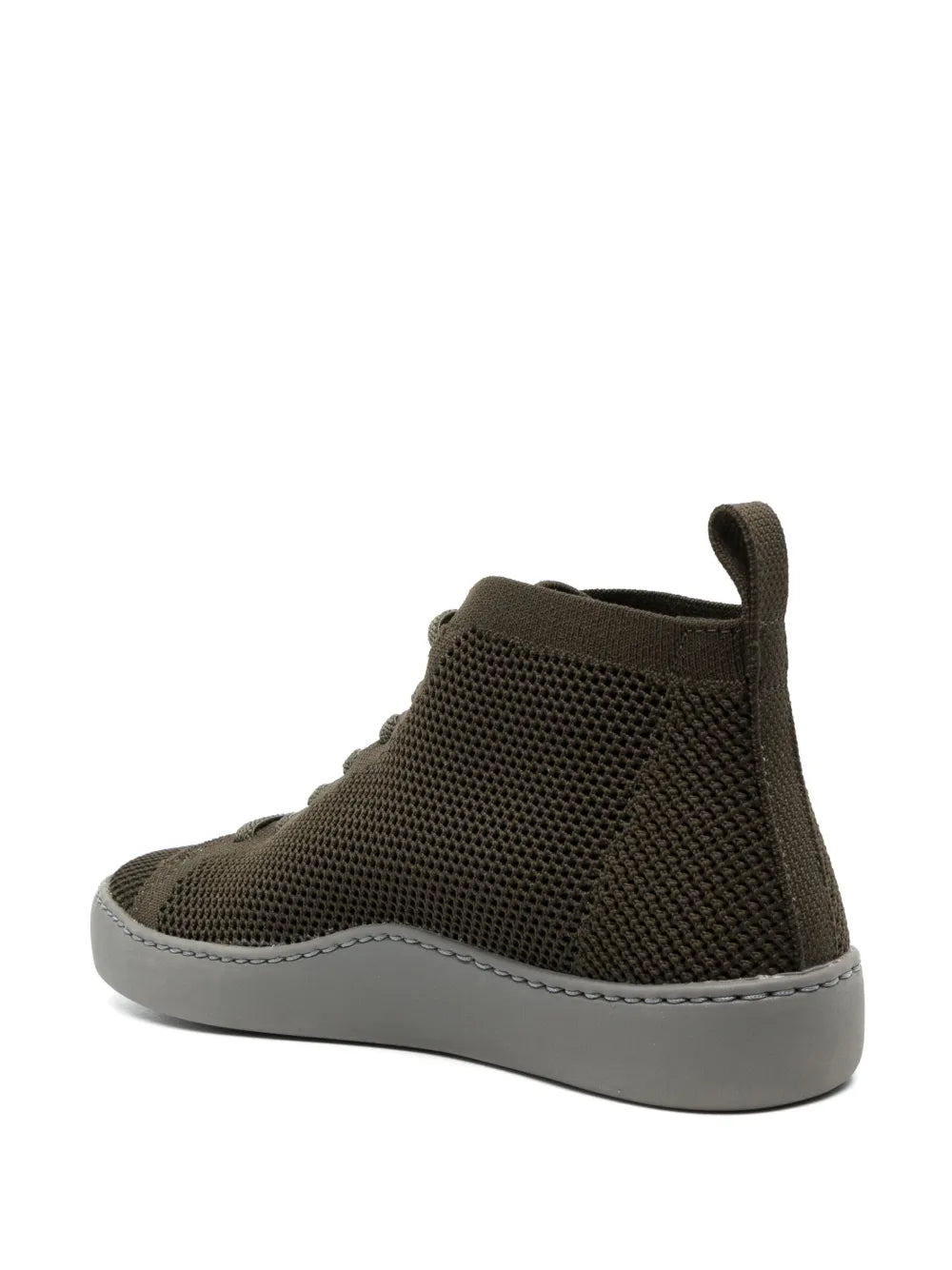 Dark green mesh high-top sneaker with gray sole and pull tab
