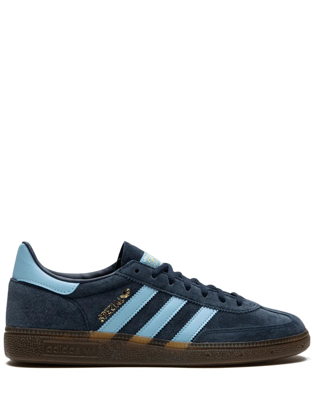 Dark blue adidas suede sneaker with light blue triple stripes and gum sole