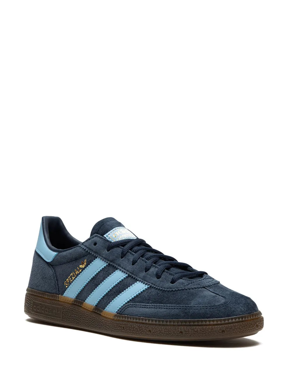 Navy adidas lace-up sneaker with light blue stripes, heel tab, and gum sole