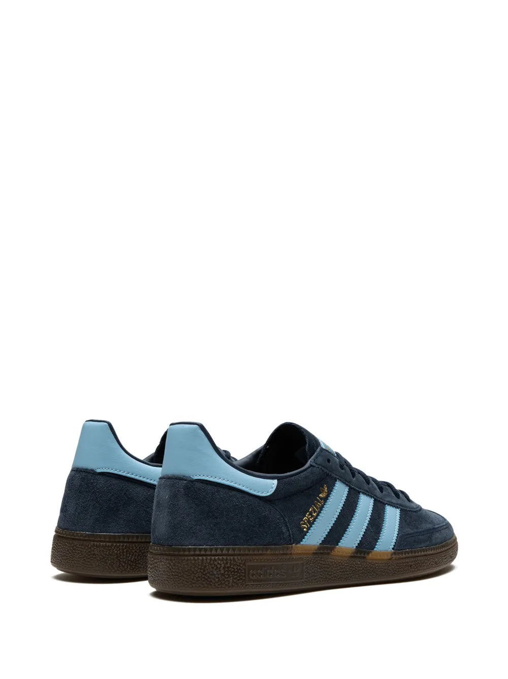 Navy adidas lace-up sneaker with light blue stripes and gum sole, side view
