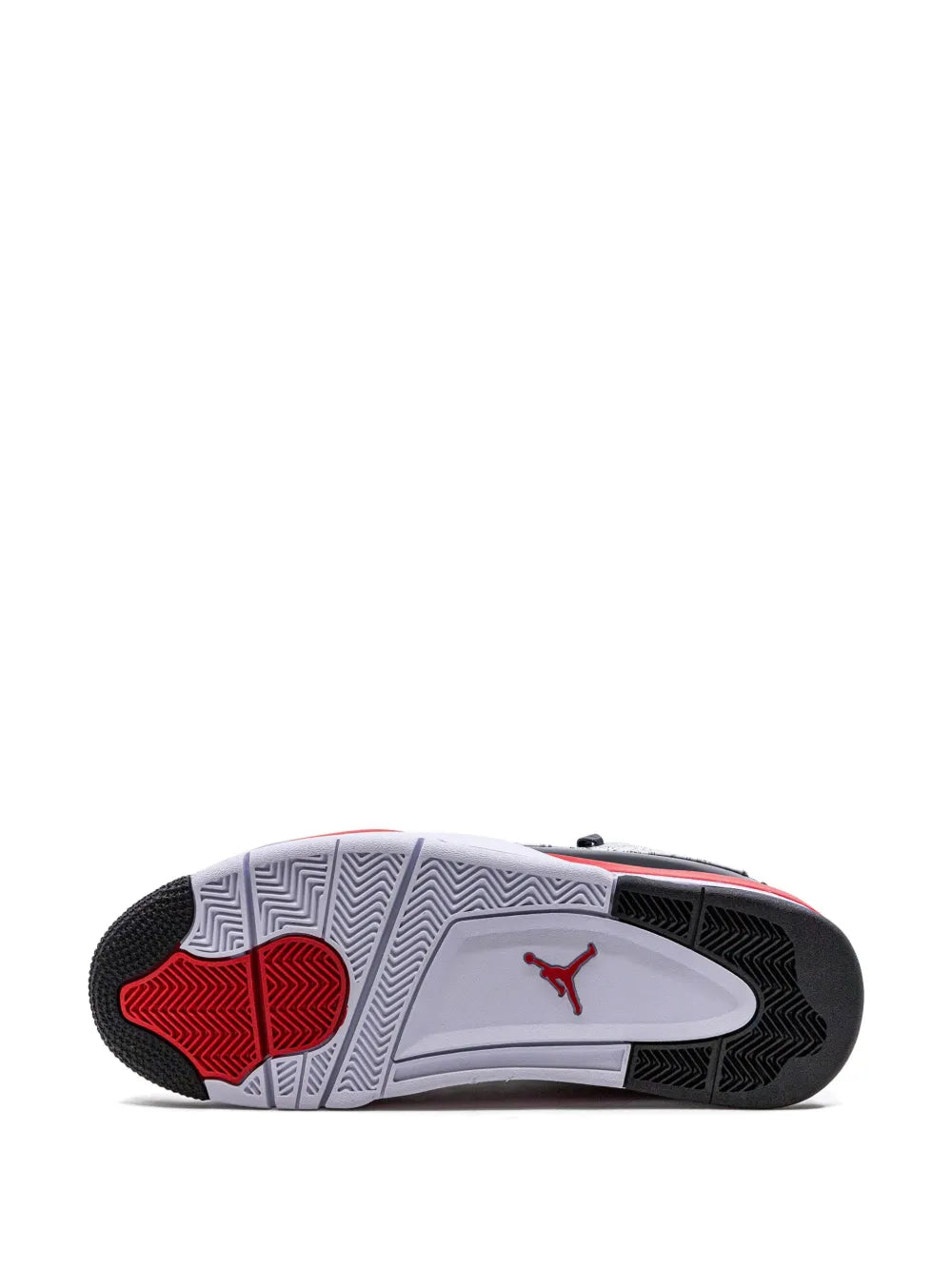High-top sneaker outsole with black tread and white midsole panel, red Jumpman mark