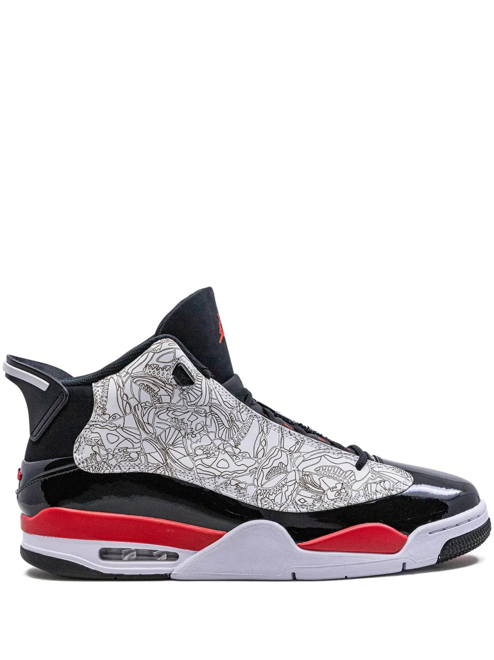 Black and red high-top sneakers with white patterned side panel and Jumpman logo