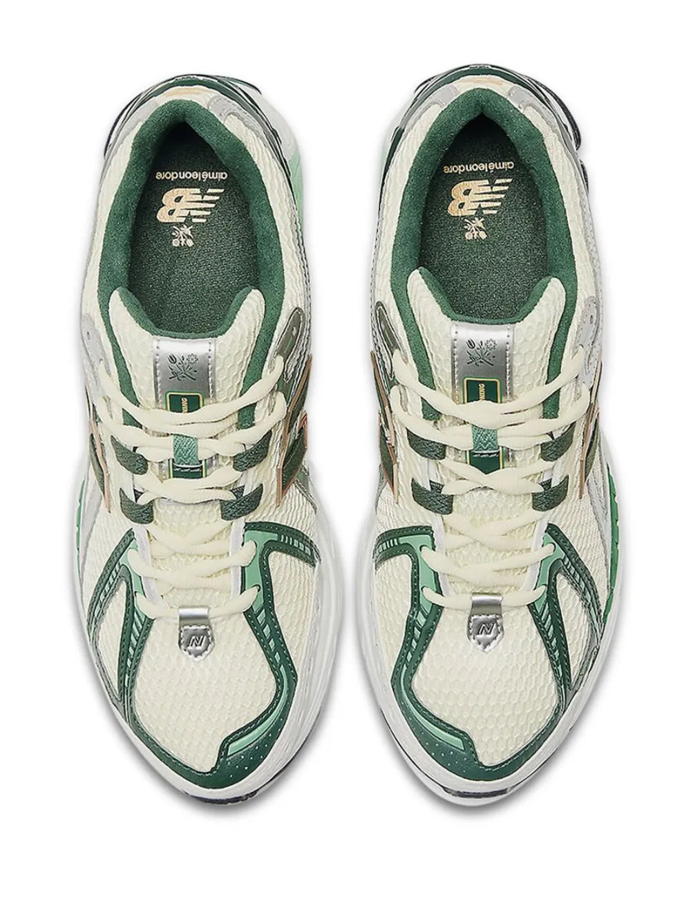 New Balance 1906R sneakers, cream uppers with green lining, lace-up, tongue tag