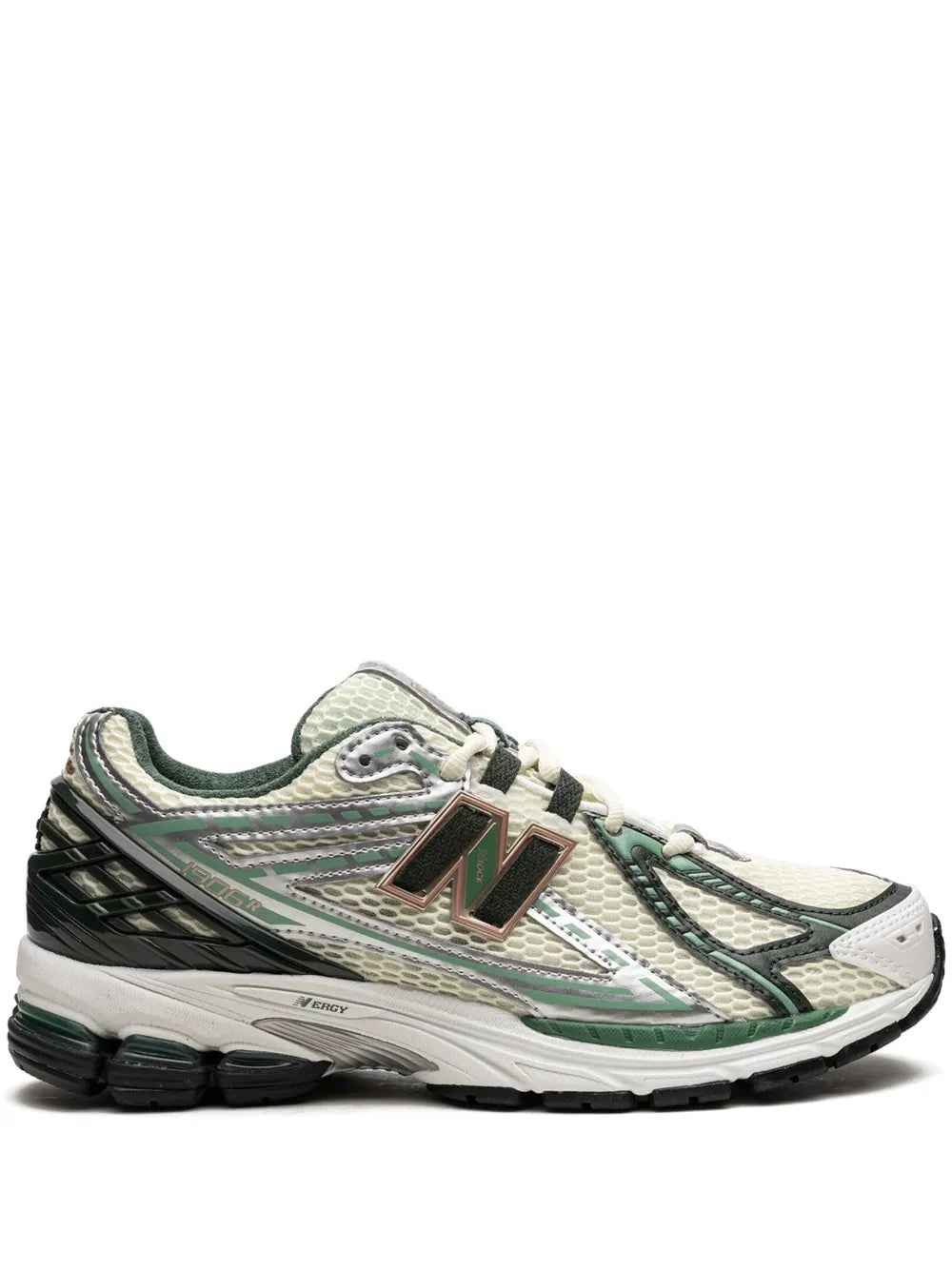 New Balance 1906R sneakers in cream with dark green panels, lace-up, cushioned sole