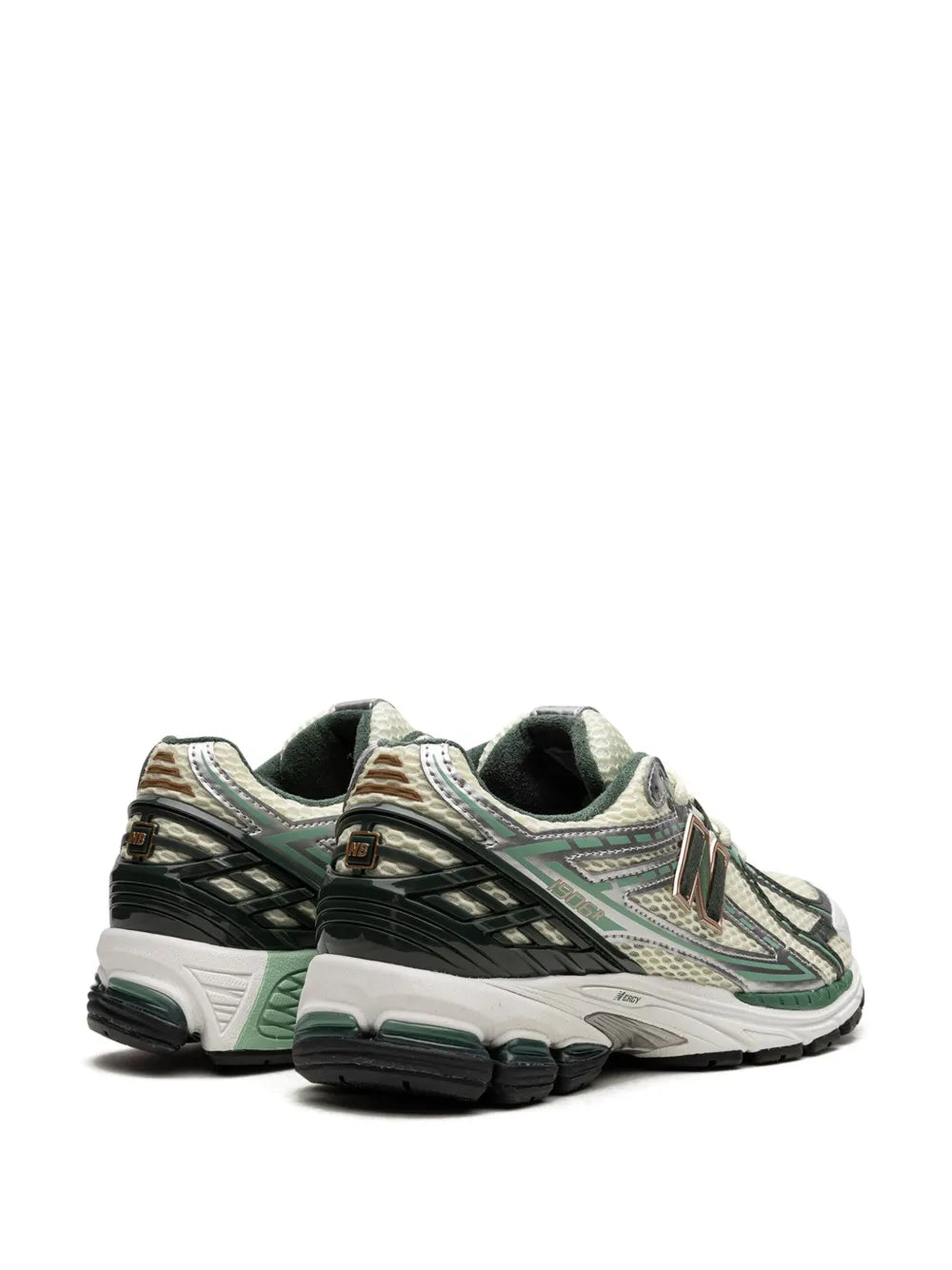 New Balance 1906R sneakers with green heel panel and logo, cream laces, chunky sole