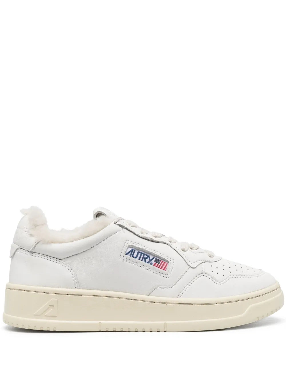 Autry white low-top sneaker with logo patch and shearling collar