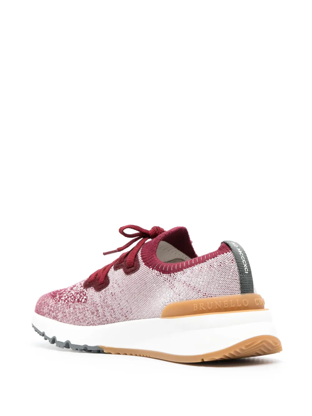 Knitted low-top sneakers in pink and red speckle, lace-up with tan heel trim