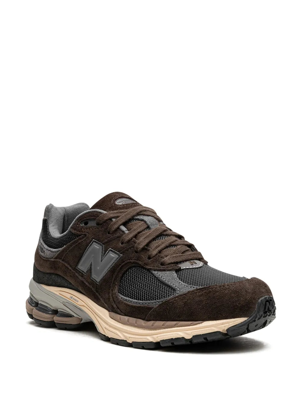 Brown and gray lace-up sneakers with large N logo and textured suede panels