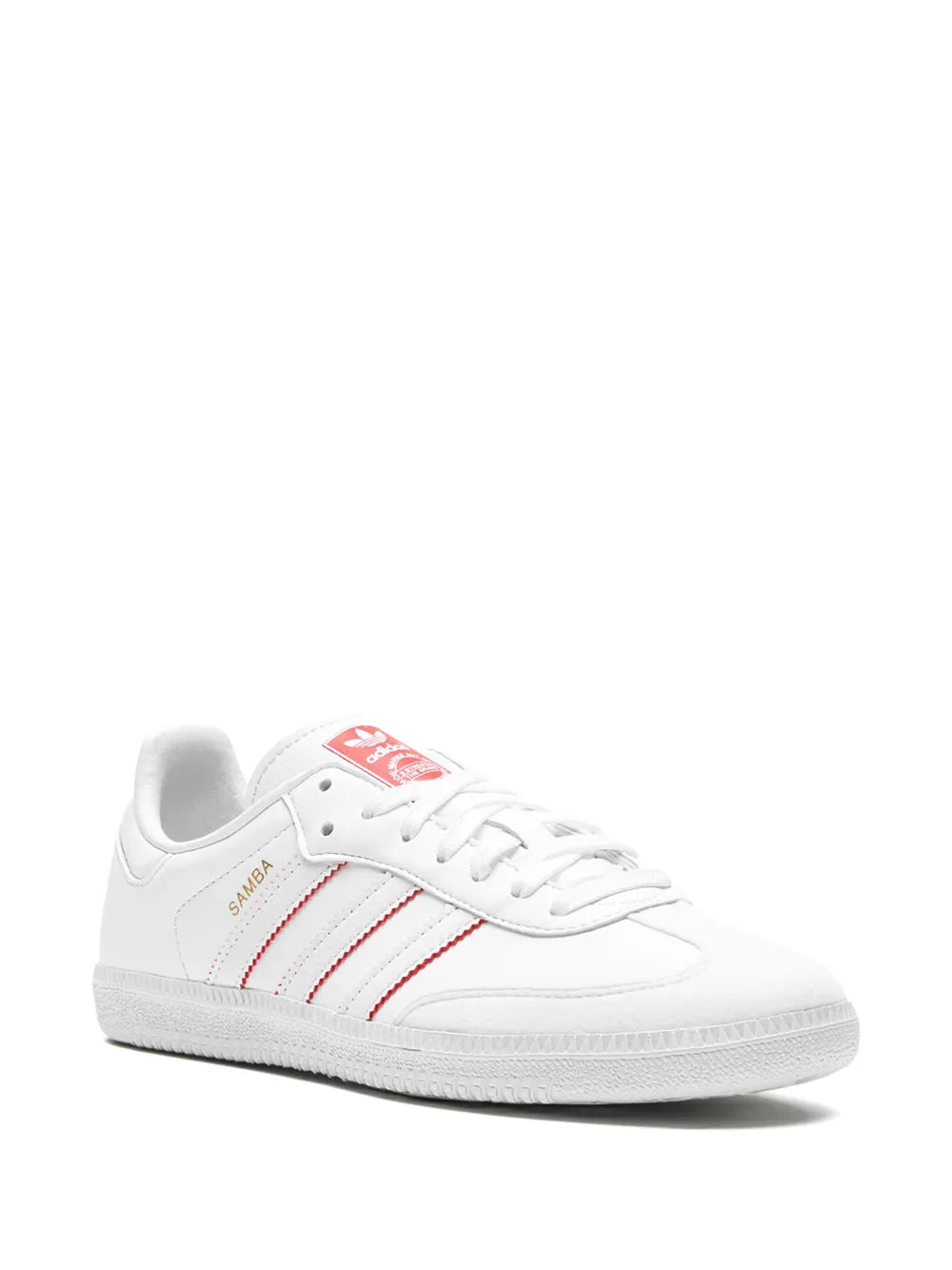 White low-top sneaker with red side stripes and lace-up closure