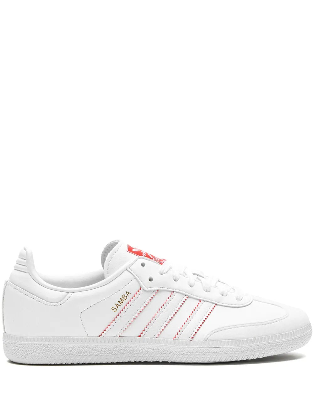 White low-top sneaker with red striped accents and lace-up front