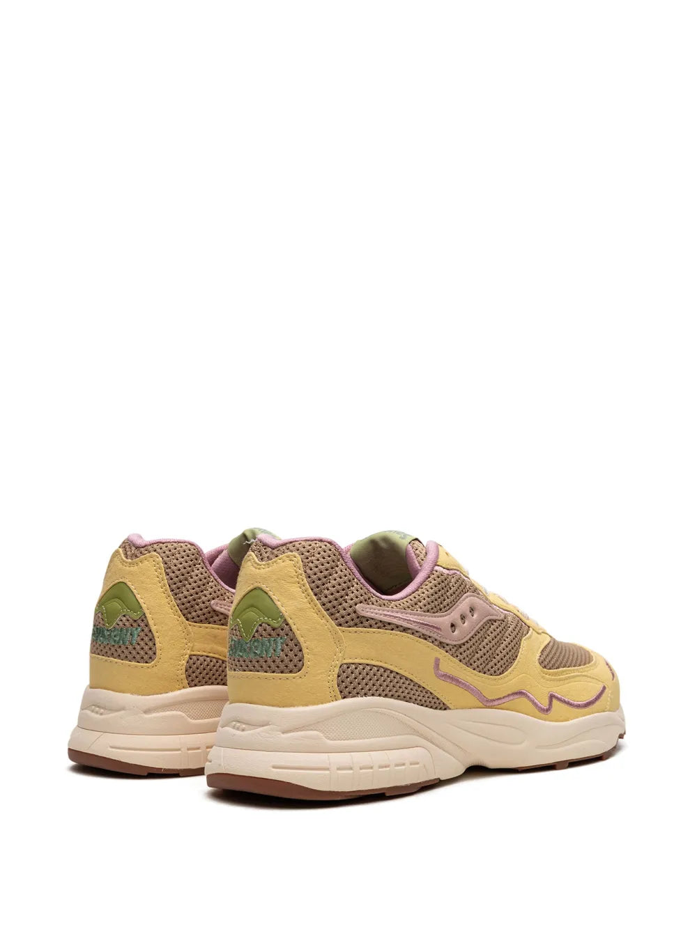 Beige lace-up running shoe, heel and side panels with purple and olive accents