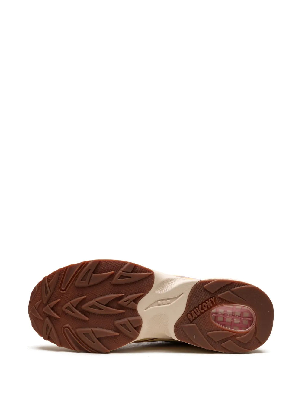 Rubber outsole for running shoe with textured tread and brand logo on heel