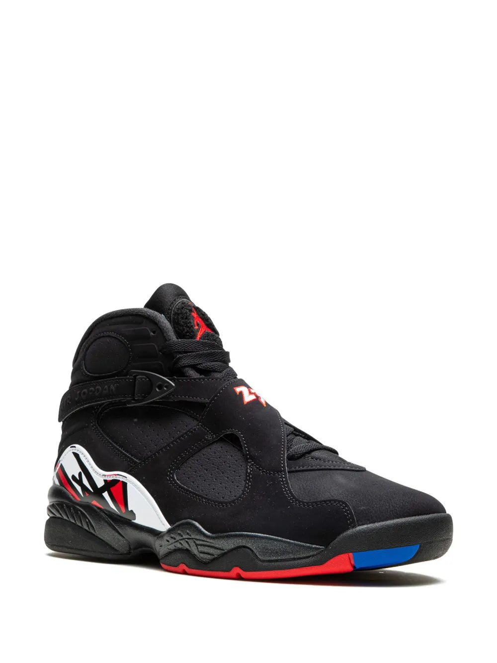 Air Jordan 8 Playoffs black high-top sneakers, side view, red and blue sole