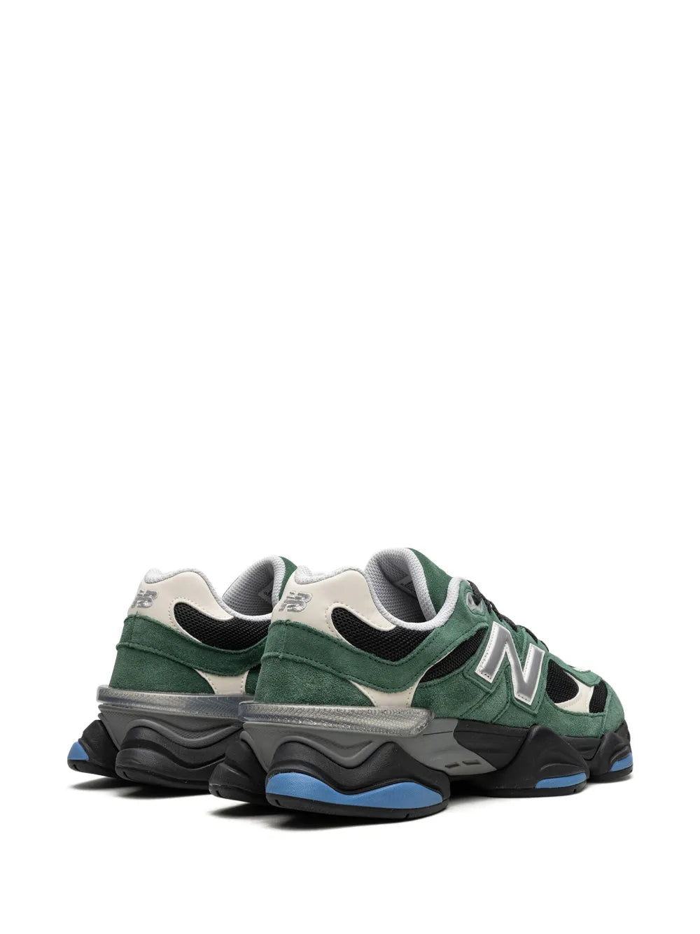 New Balance 9060 low-top sneakers, rear 3/4 view with gray heel and blue sole