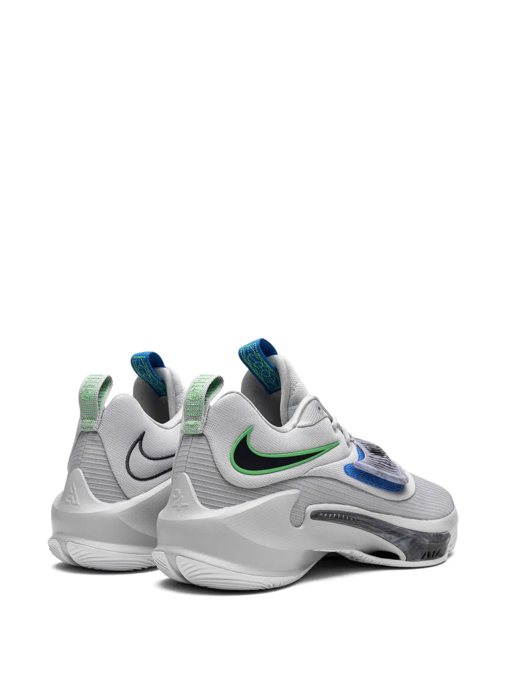 Grey Nike Zoom Freak 3 sneakers pair showing blue and green accents on heel and midfoot