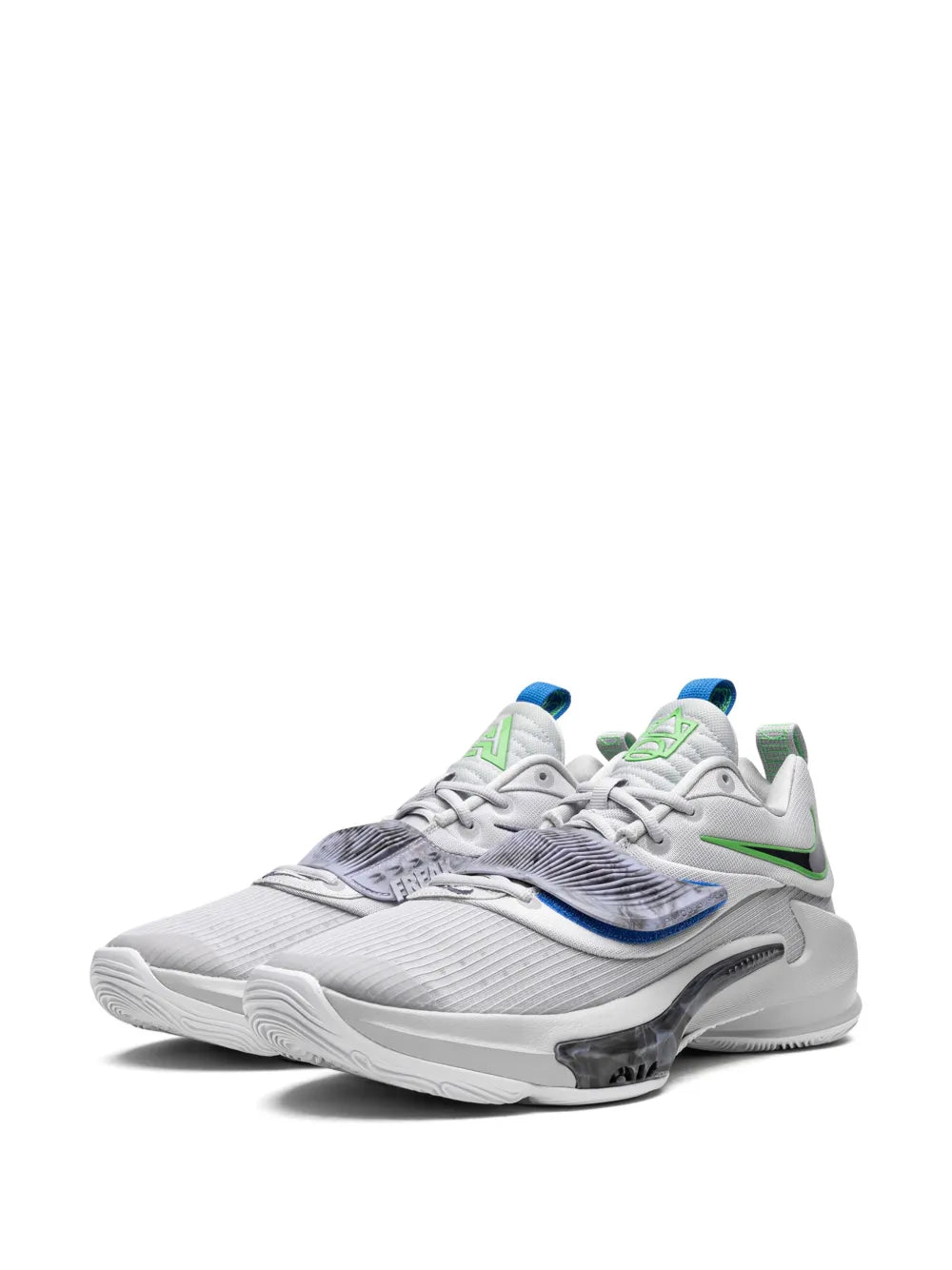 Grey Nike Zoom Freak 3 lace-up sneakers with blue wave detail and green accents