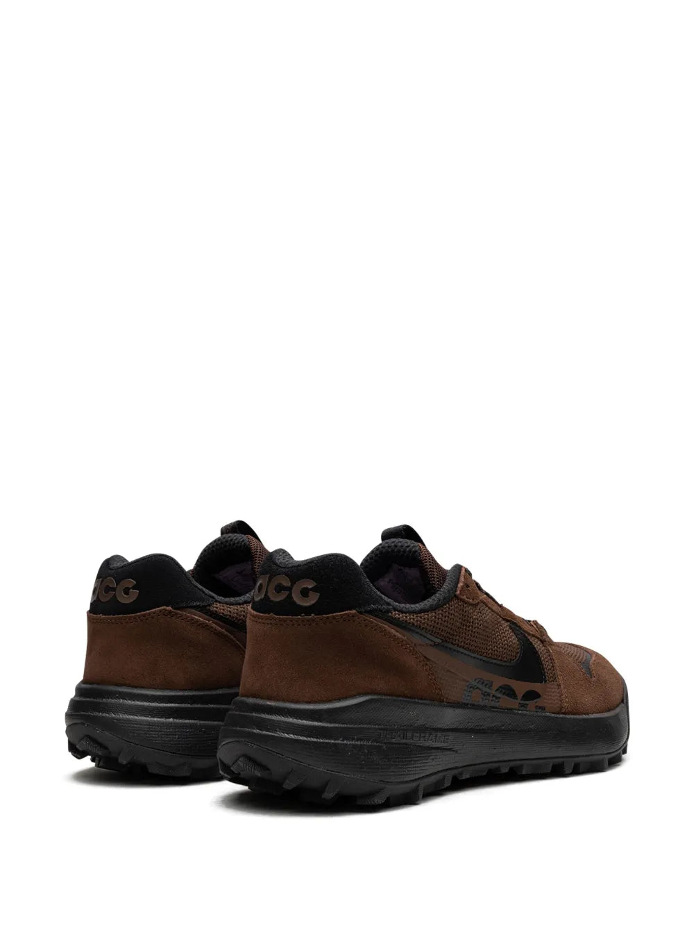 Nike ACG low sneakers, rear view with black heel, brown panels, and lace loops