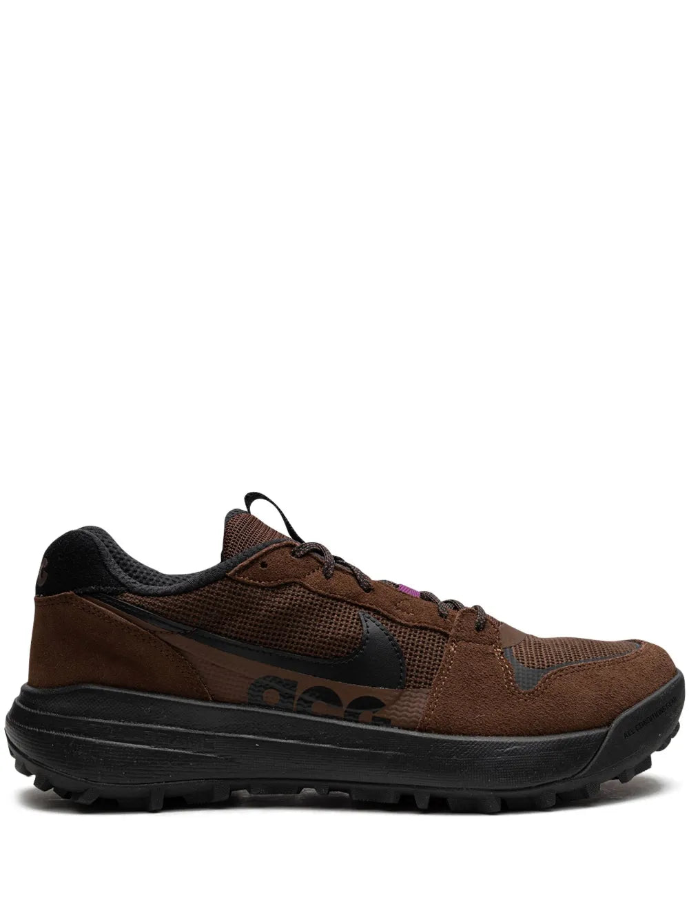 Nike ACG low sneakers with brown suede upper, black mesh, and purple accents
