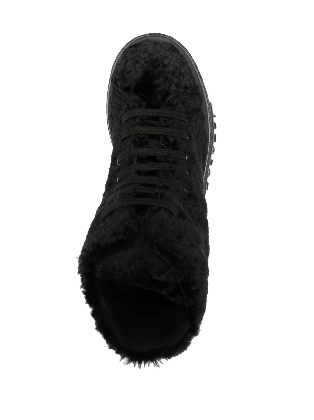Black fleece-lined lace-up sneaker with plush interior and stitched upper