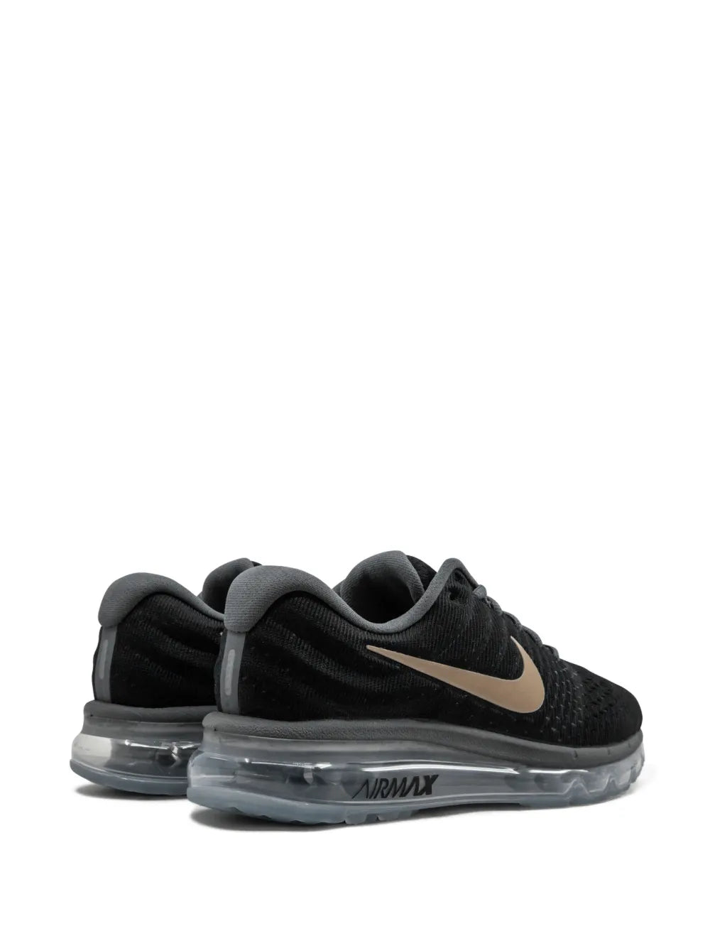 Air Max 2017 black sneaker pair, rear view with Air Max heel cushioning