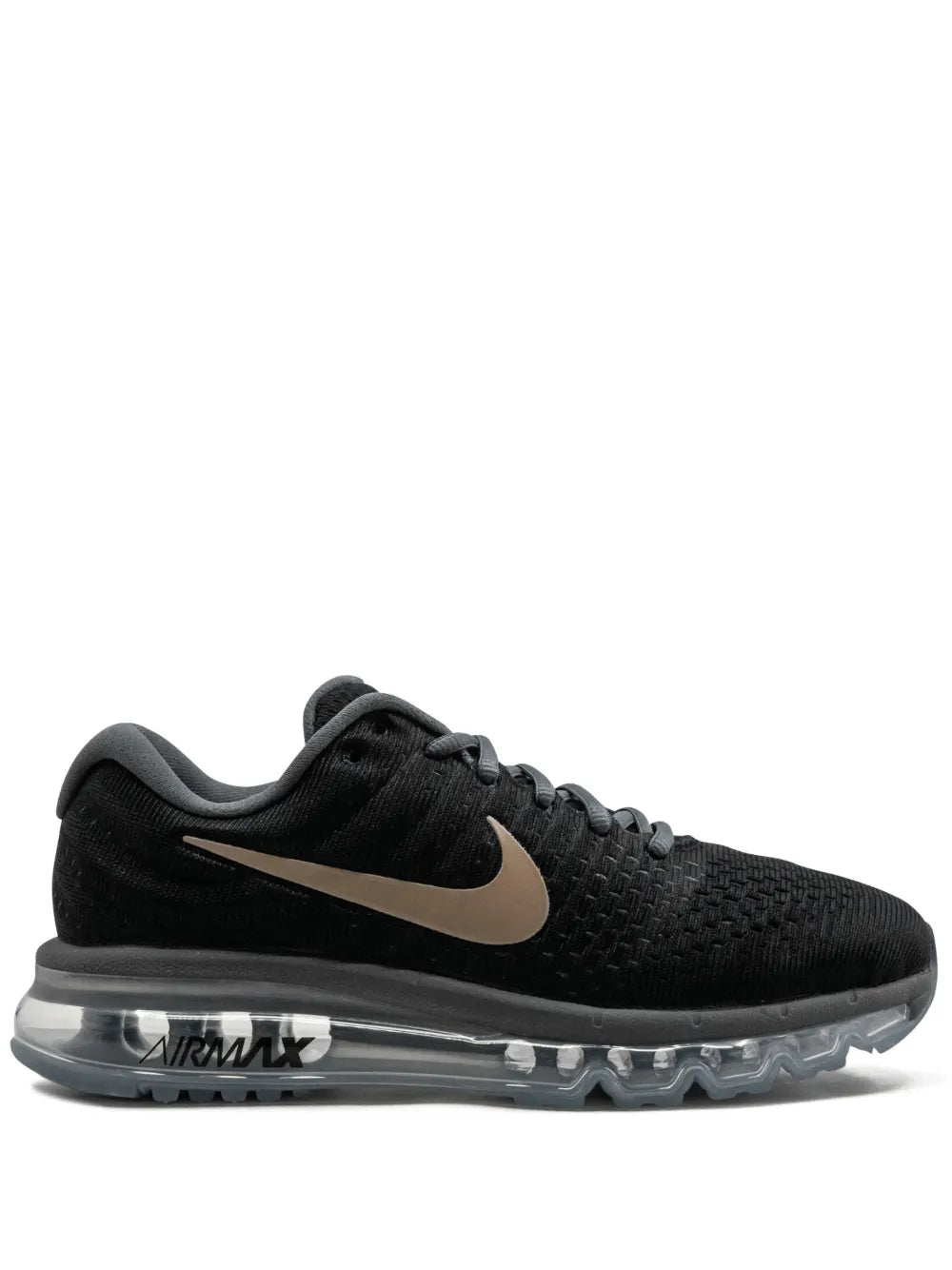 Nike Air Max 2017 black running shoe with gold Swoosh and visible Air Max sole