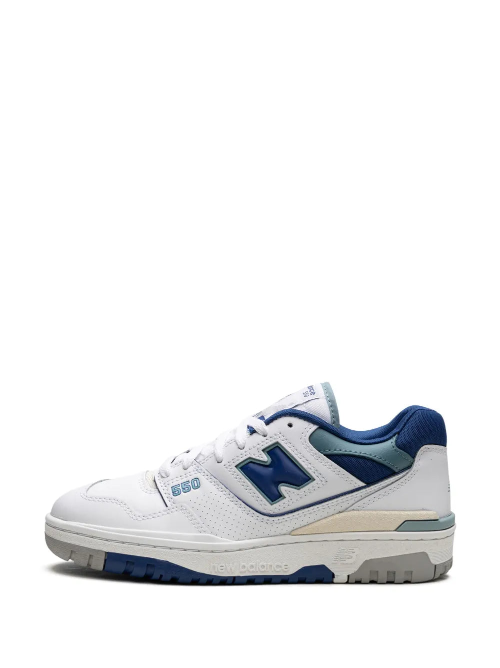 New Balance 550 white upper sneakers with blue side logo, angled side view