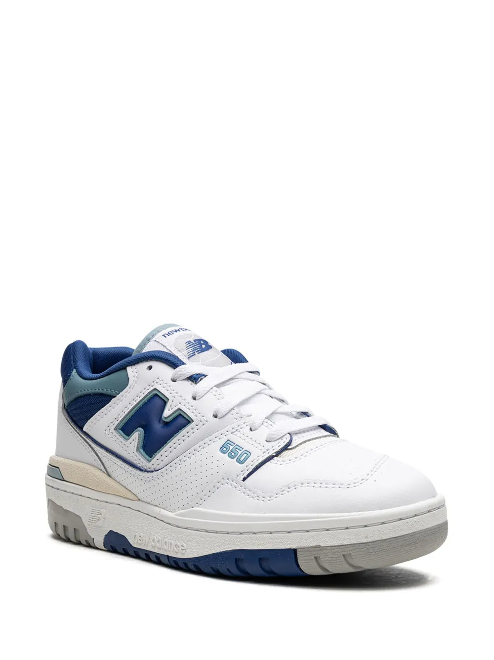 New Balance 550 white upper sneakers with blue heel and side logo, front 3/4 view