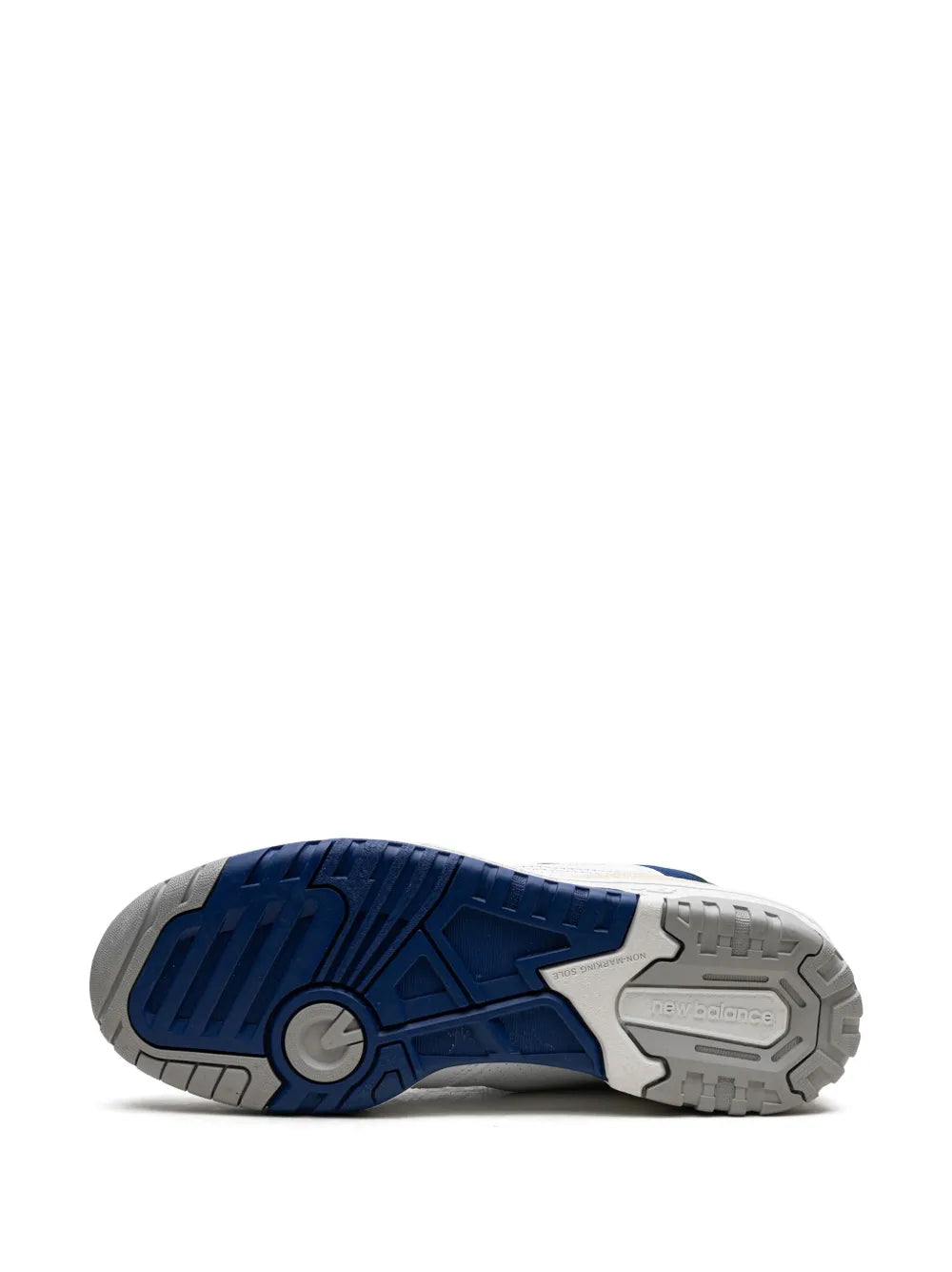 New Balance 550 sneaker outsole with tread, white and blue rubber sole