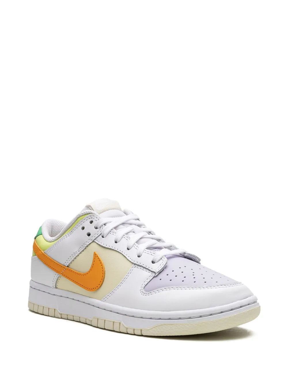 Low-top sneakers in white with orange swoosh, green and pale lime overlays