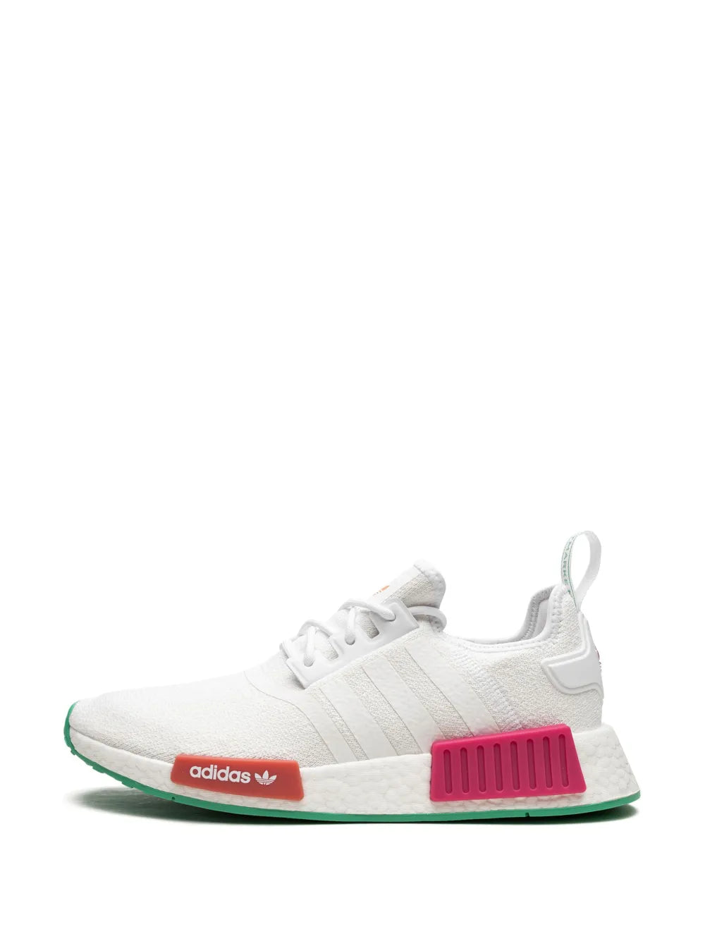 White adidas sneaker with lace-up upper, pink heel cage, green outsole