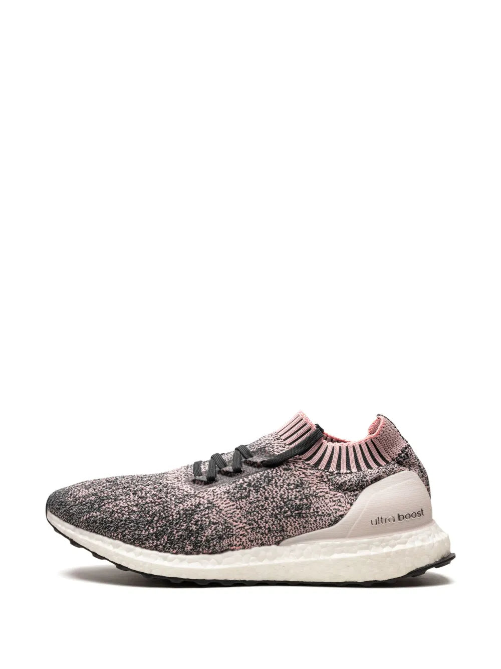 Uncaged running sneaker, black speckled knit upper with pink collar and Boost-style midsole