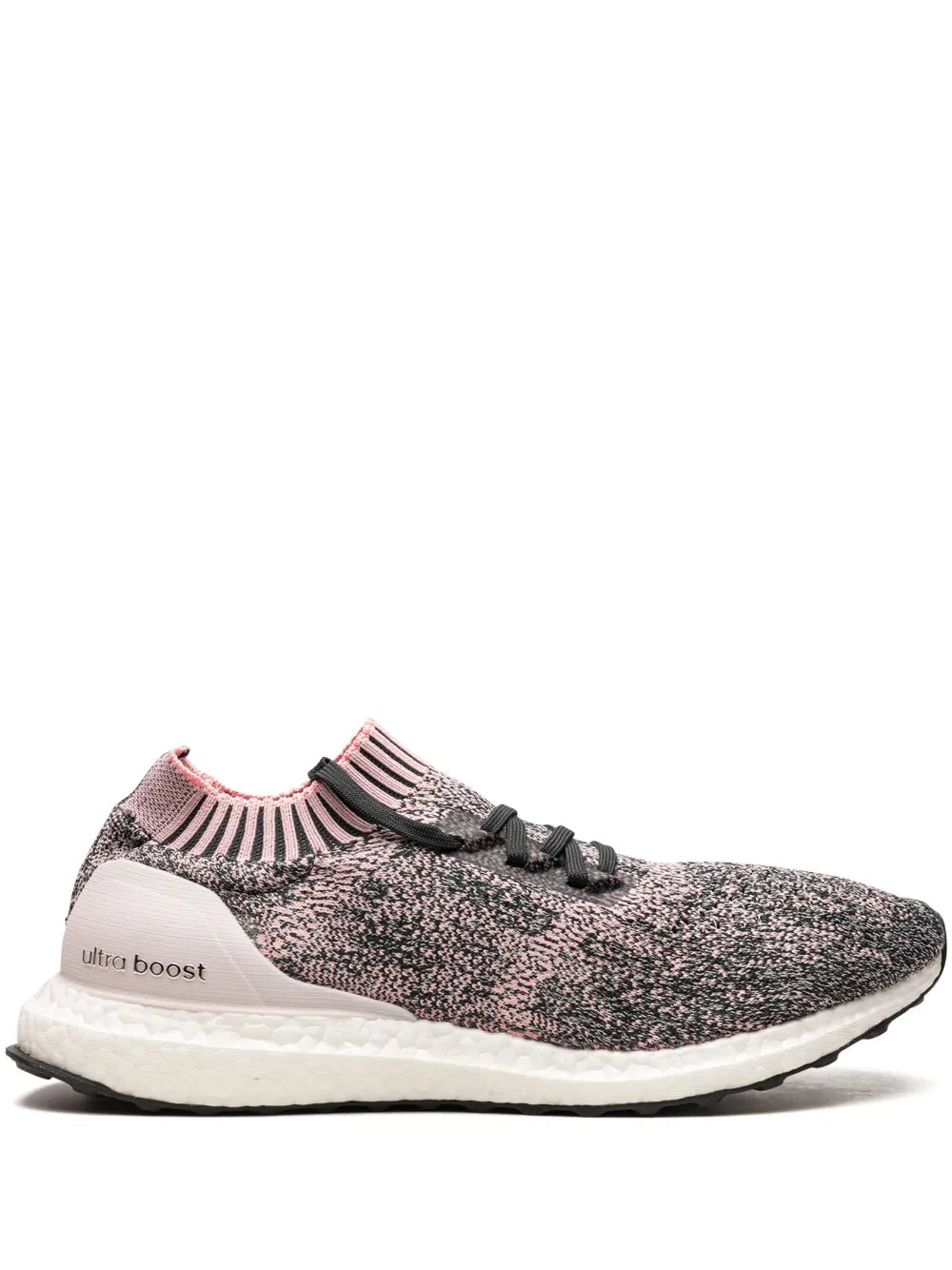 adidas Ultraboost Uncaged knit running shoe, black speckle with pink collar, white sole